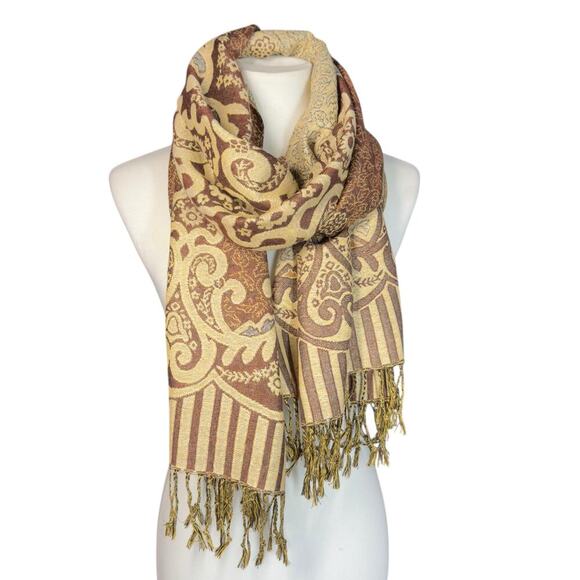 Cashmere Silk Pashmina Fringe Brown Gold Metallic - Picture 6 of 6